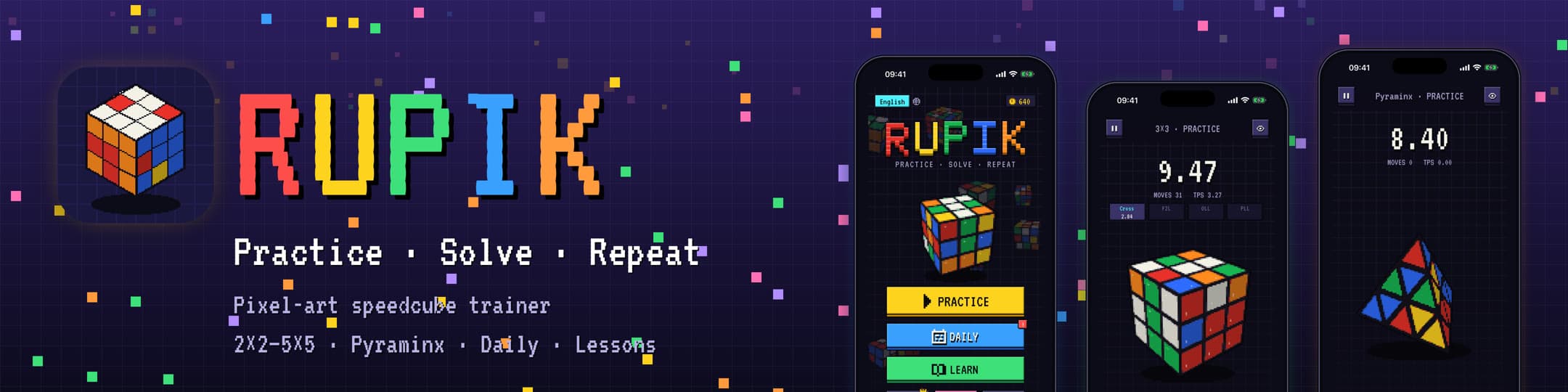 Rupik banner: the pixel-art cube trainer on iPhone, showing a 3×3 cube, a Pyraminx and the daily result