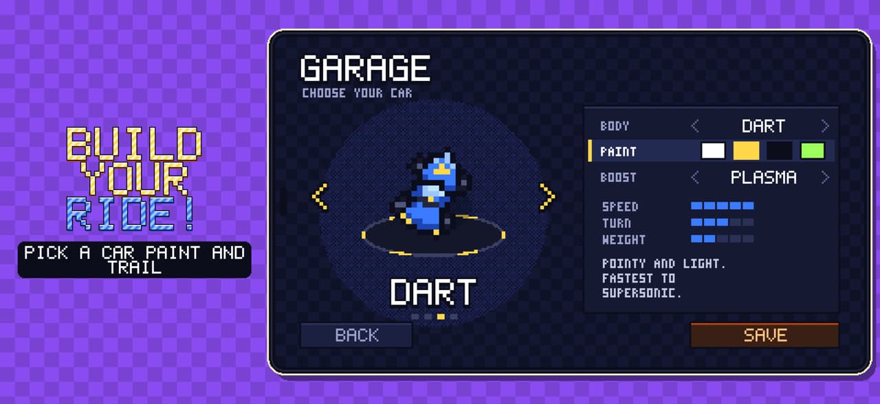 Pixel Rocket garage screenshot showing a Dart car with paint and boost-trail options